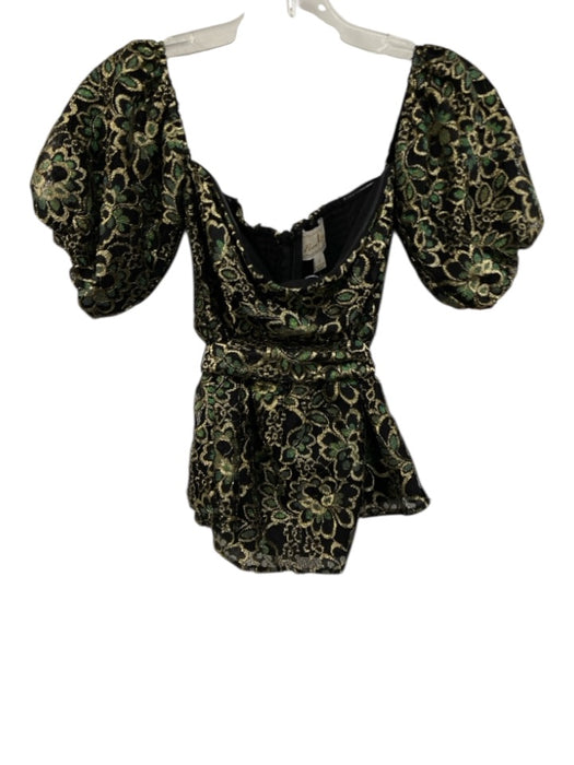 Flora Bea Size Small Black, Gold, Green Long puff sleeve Floral Peplum Top Black, Gold, Green / Small