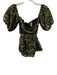 Flora Bea Size Small Black, Gold, Green Long puff sleeve Floral Peplum Top Black, Gold, Green / Small