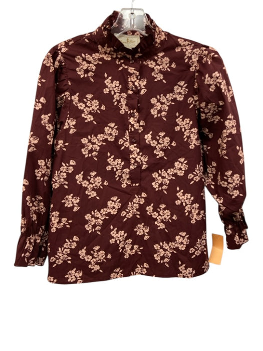 Flora Bea Size Small Burgundy & pink Cotton Blend Long Sleeve Floral Top Burgundy & pink / Small