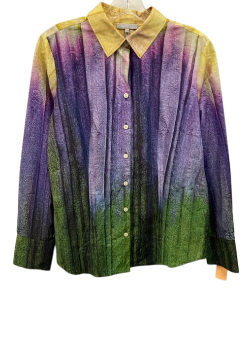 Hinson Wu Size 6 Purple, Green, Yellow Long Sleeve Abstract Print Collar Top Purple, Green, Yellow / 6