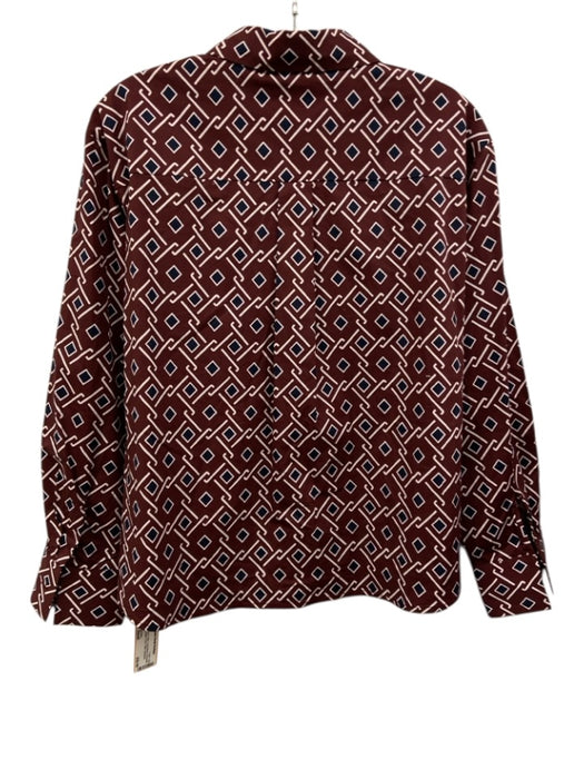 Flora Bea Size Small Burgundy & Blue Long Sleeve Geometric Print Collar Top Burgundy & Blue / Small