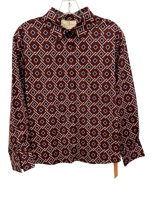 Flora Bea Size Small Burgundy & Blue Long Sleeve Geometric Print Collar Top Burgundy & Blue / Small