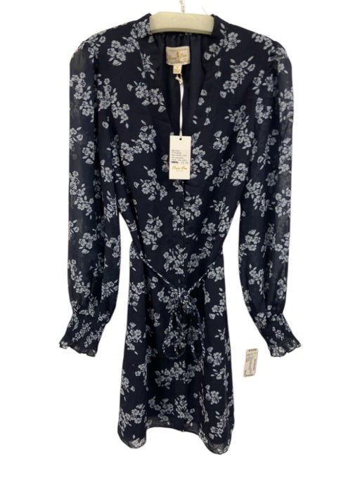 Flora Bea Size Small Navy Blue & White Long Sleeve Floral Shirred Dress Navy Blue & White / Small
