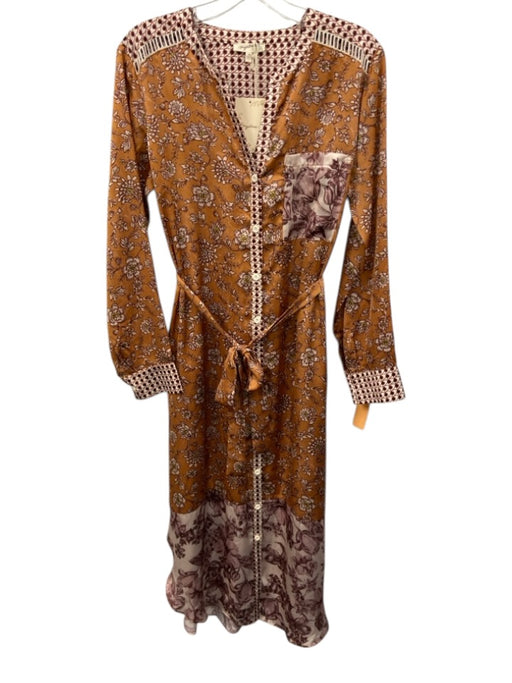 Mystree Size Small Orange, Red, Green Long Sleeve Floral Button Front Midi Dress Orange, Red, Green / Small