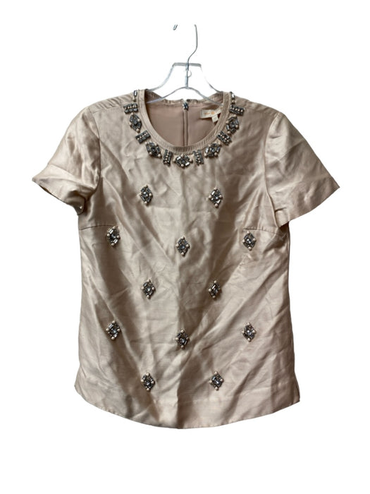 Tory Burch Size 2 Champagne Silk Short Sleeve Jeweled Crystal Application Top Champagne / 2