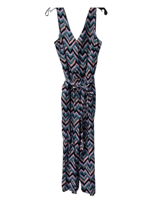 FRNCH Size S Navy, Pink & Green Cotton Blend Zig Zag V Neck Sleeveless Jumpsuit Navy, Pink & Green / S