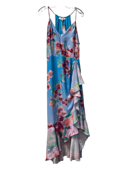 Adelyn Rae Size XL Blue, Pink & Green Polyester V Neck Floral Ruffle Maxi Dress Blue, Pink & Green / XL