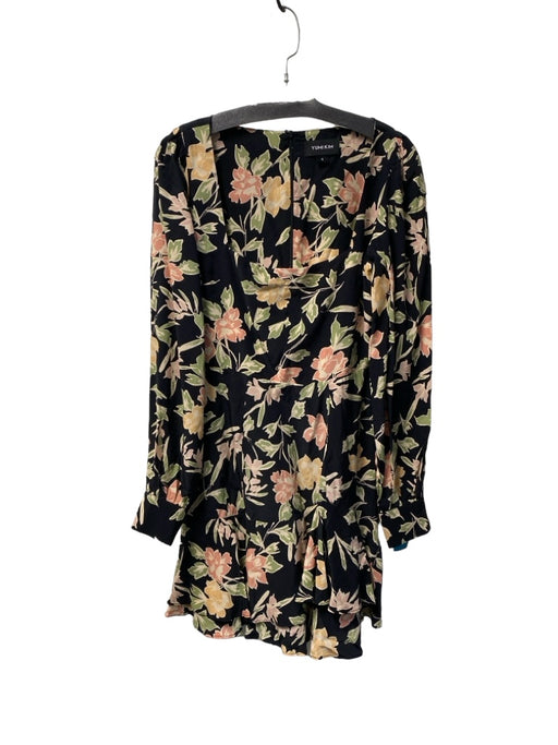 Yumi Kim Size 4 Black Rayon & Viscose Floral Square Neck Long Sleeve Dress Black / 4