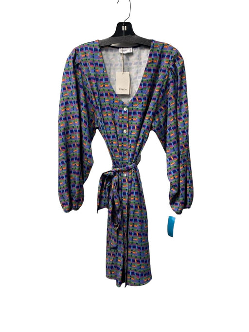 FRNCH Size Medium Blue & Multi Viscose Long Balloon Sleeve Geometric Dress Blue & Multi / Medium