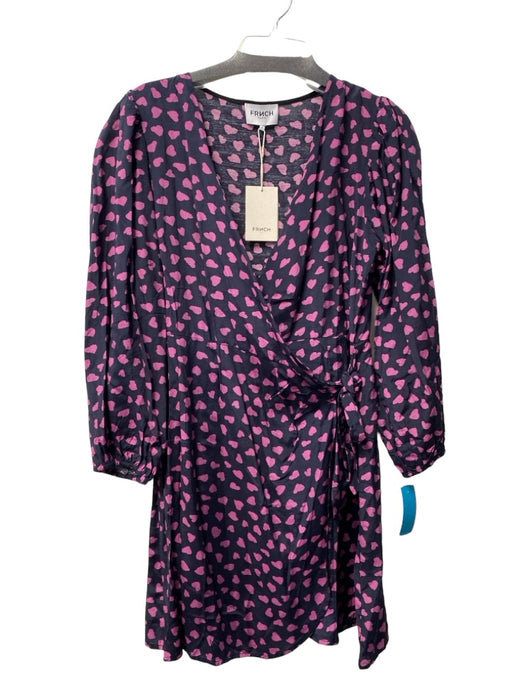 FRNCH Size Medium Black & Purple Viscose Heart Motif Long Sleeve V Neck Dress Black & Purple / Medium