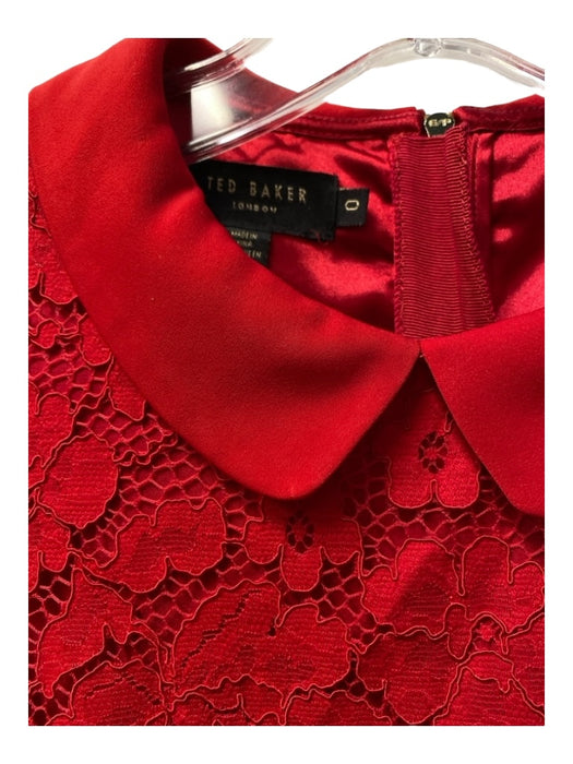 Ted Baker Size 0 Red Cotton Blend Collared Lace Overlay Long Lace Sleeve Dress Red / 0