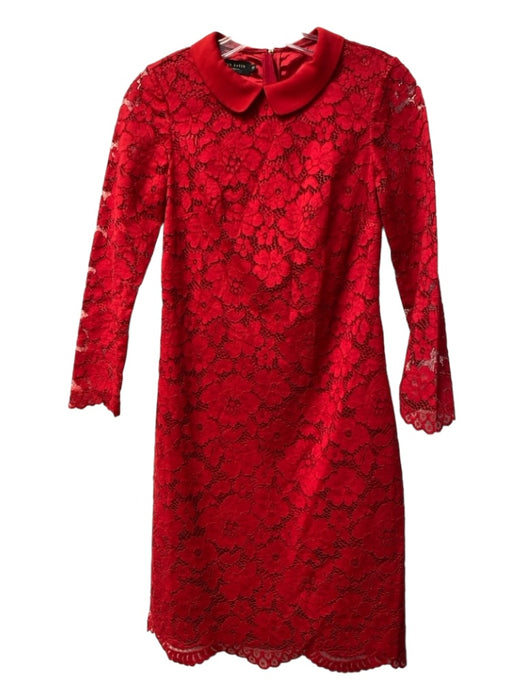 Ted Baker Size 0 Red Cotton Blend Collared Lace Overlay Long Lace Sleeve Dress Red / 0