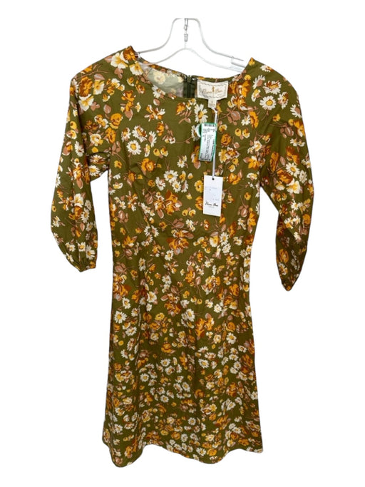 Flora Bea Size S Green & Yellow Cotton Long Sleeve Botanical Midi Back Zip Dress Green & Yellow / S