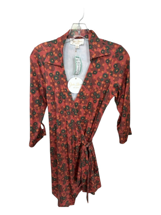 Julie Brown Size S Orange & Green Polyester Long Sleeve Flowers Wrap Dress Orange & Green / S