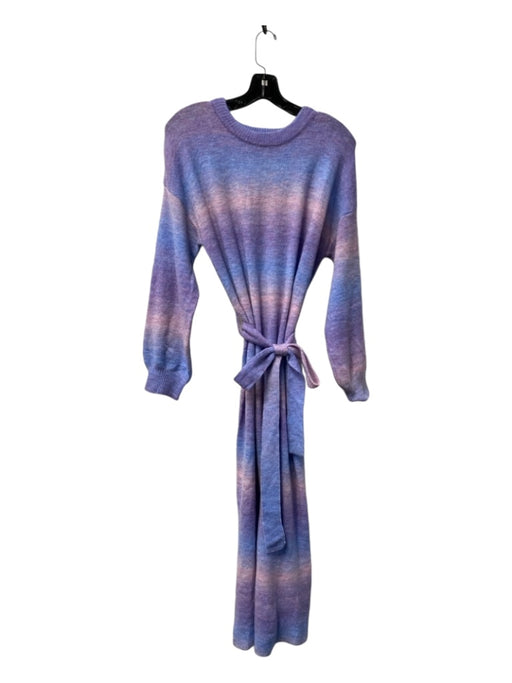 FRNCH Size M Purple & Blue Acrylic Blend Round Neck Long Sleeve Belted Dress Purple & Blue / M