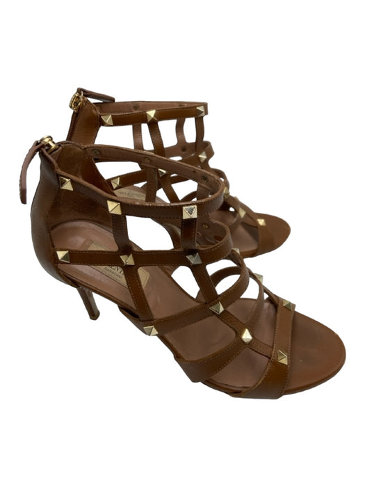 Valentino Shoe Size 39 Brown & Gold Leather Rockstud Open Toe Gladiator Pumps Brown & Gold / 39