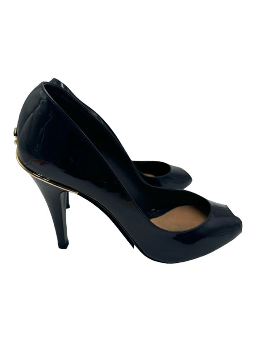 Chanel Shoe Size 38.5 navy & gold Patent Peep Toe Closed Heel Metal Accent Pumps navy & gold / 38.5