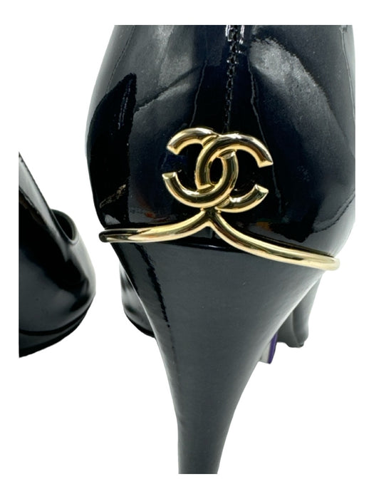 Chanel Shoe Size 38.5 navy & gold Patent Peep Toe Closed Heel Metal Accent Pumps navy & gold / 38.5