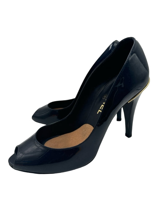 Chanel Shoe Size 38.5 navy & gold Patent Peep Toe Closed Heel Metal Accent Pumps navy & gold / 38.5