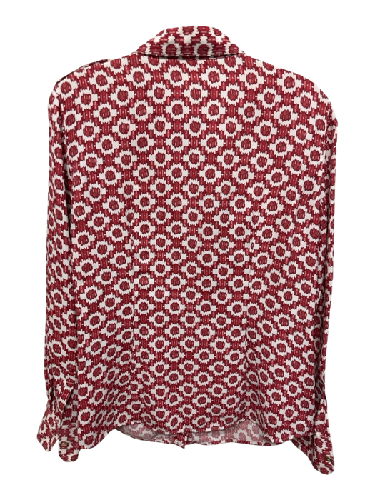 Tory Burch Size 10 White & Red Polyester Geometric Collared Button Up Top White & Red / 10