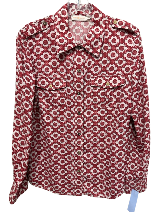 Tory Burch Size 10 White & Red Polyester Geometric Collared Button Up Top White & Red / 10