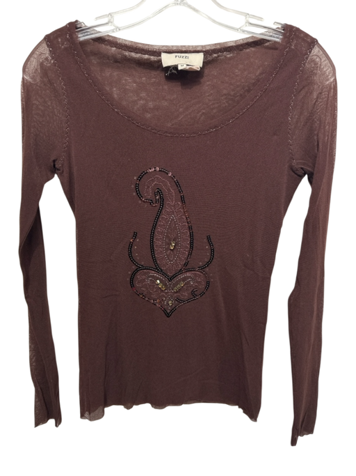 Fuzzi Size M Brown Polyamide Mesh Sequined Long Sleeve U Neck Top Brown / M