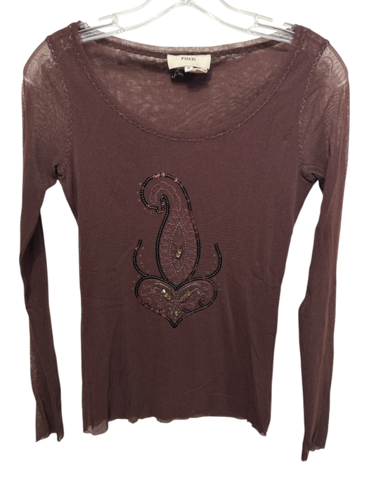 Fuzzi Size M Brown Polyamide Mesh Sequined Long Sleeve U Neck Top Brown / M