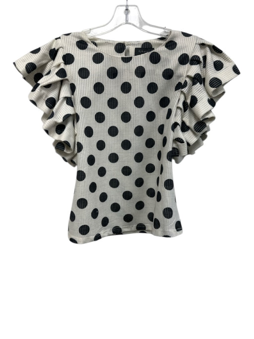 Garcia Size M White & Black Polyester Perforated Ruffle Cap Sleeve Dots Top White & Black / M