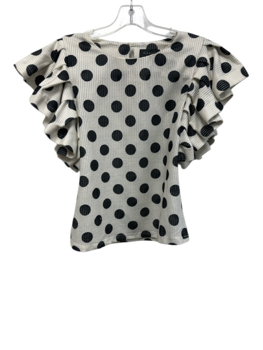 Garcia Size M White & Black Polyester Perforated Ruffle Cap Sleeve Dots Top White & Black / M