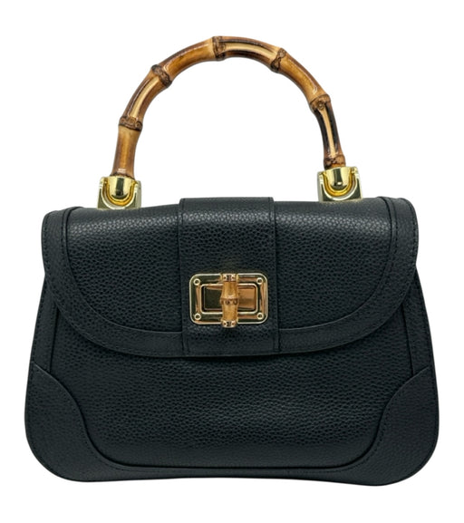 Lilly Pulitzer Black Leather Bamboo Handle Chain Strap Twist Lock Bag Black / S