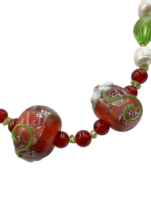 No Brand White, Orange & Green Freshwater Pearl Glass Flower Necklace White, Orange & Green