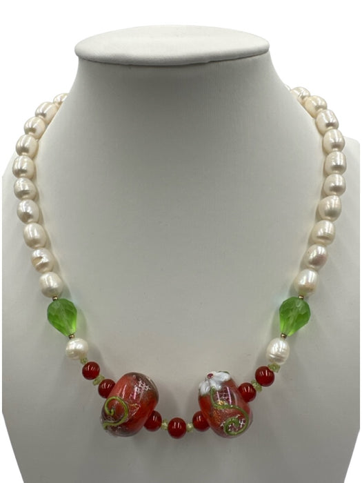 No Brand White, Orange & Green Freshwater Pearl Glass Flower Necklace White, Orange & Green