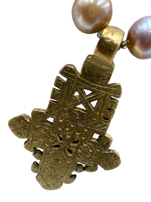 No Brand Pink, yellow & cream Pearls cross Pendant Adjustable Long Necklace Pink, yellow & cream