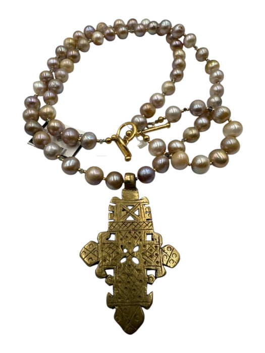 No Brand Pink, yellow & cream Pearls cross Pendant Adjustable Long Necklace Pink, yellow & cream