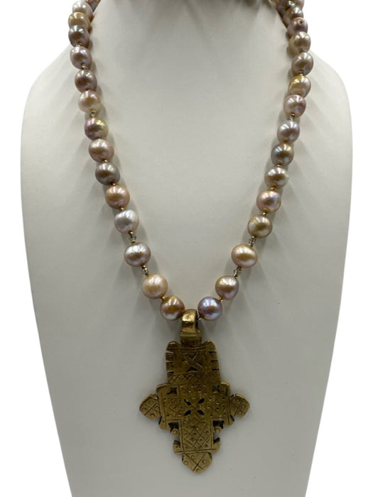 No Brand Pink, yellow & cream Pearls cross Pendant Adjustable Long Necklace Pink, yellow & cream