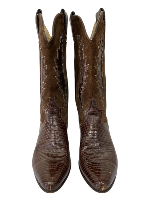 Maraschino Brown Leather & Suede Embossed Stacked Heel Cowboy Boot Booties Brown