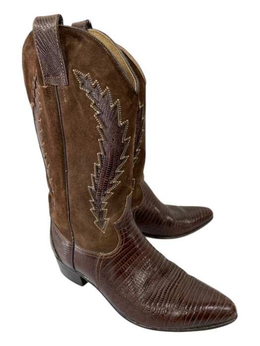 Maraschino Brown Leather & Suede Embossed Stacked Heel Cowboy Boot Booties Brown