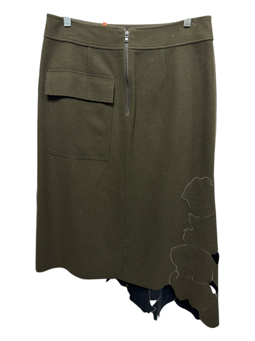 Tibi Size 8 Green Wool Blend Cut Outs Floral Detail Back Zip Assymetric Skirt Green / 8
