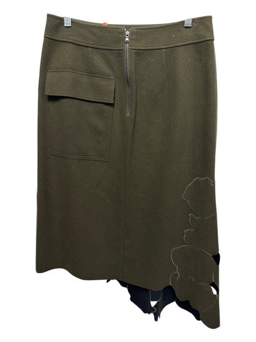 Tibi Size 8 Green Wool Blend Cut Outs Floral Detail Back Zip Assymetric Skirt Green / 8