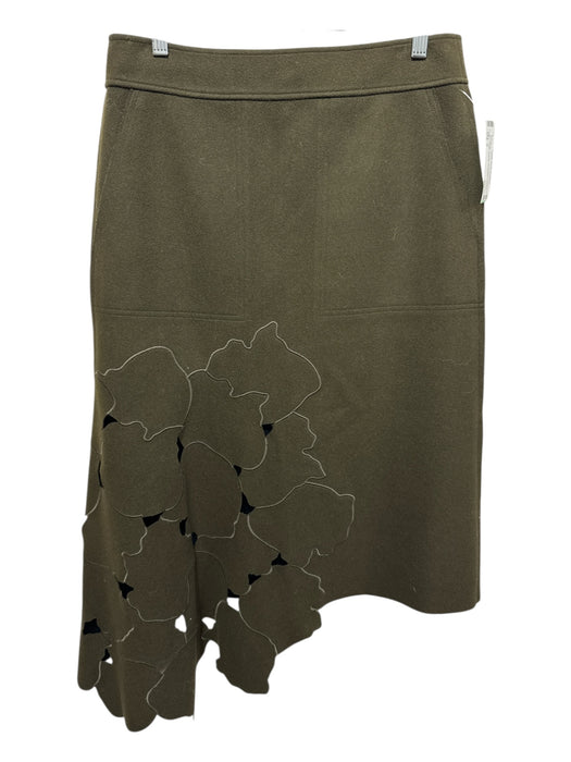 Tibi Size 8 Green Wool Blend Cut Outs Floral Detail Back Zip Assymetric Skirt Green / 8