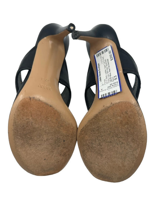 Gucci Shoe Size 8.5 Black Leather Open Toe & Heel Thong Logo Midi Heel Pumps Black / 8.5