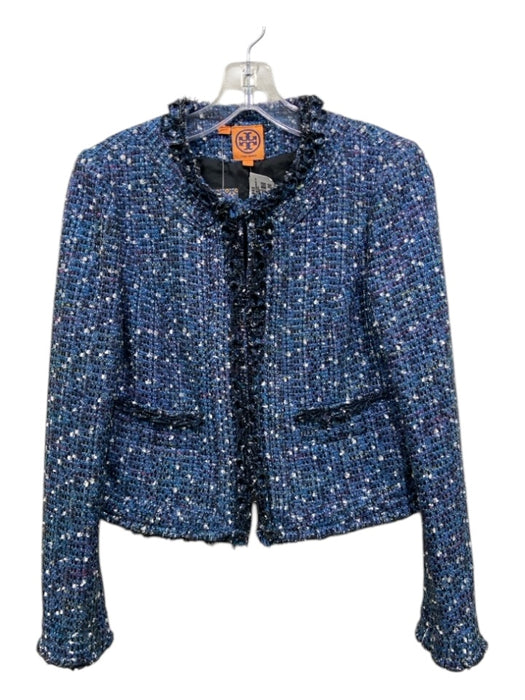 Tory Burch Size 2 Blue Print Cotton Blend Tweed Detail Open Front Jacket Blue Print / 2