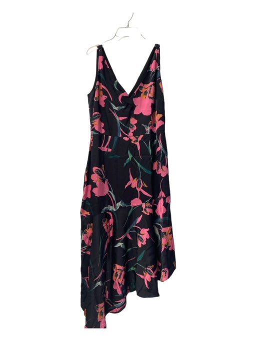 Milly Size 8 Black & Pink Viscose V Neck Sleeveless Floral Asymetrical hem Dress Black & Pink / 8