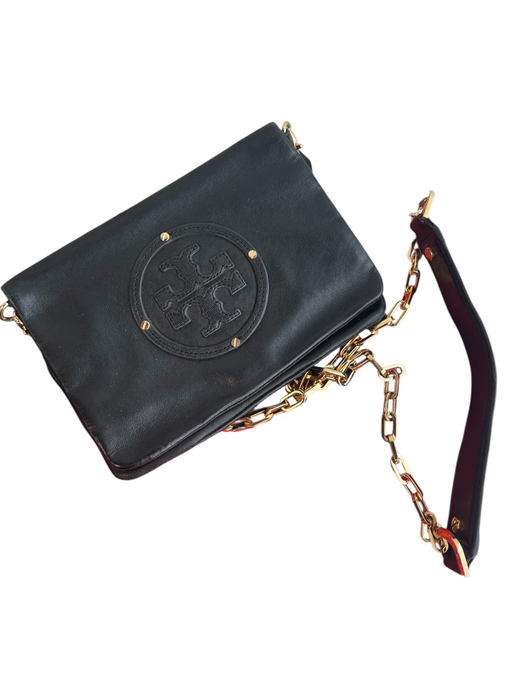 Tory Burch Black Leather Gold hardware Envelope Flap Inside & Out Pockets Bag Black / S