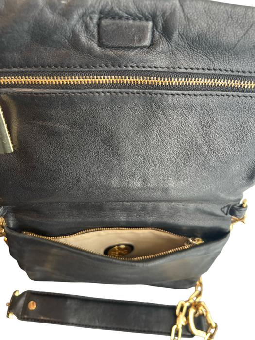 Tory Burch Black Leather Gold hardware Envelope Flap Inside & Out Pockets Bag Black / S