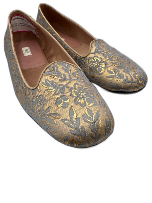 Prada Shoe Size 38 Gray & Gold textile upper Floral Brocade Slip On Loafer Flats Gray & Gold / 38