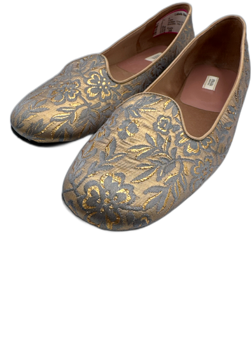 Prada Shoe Size 38 Gray & Gold textile upper Floral Brocade Slip On Loafer Flats Gray & Gold / 38