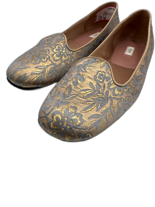Prada Shoe Size 38 Gray & Gold textile upper Floral Brocade Slip On Loafer Flats Gray & Gold / 38