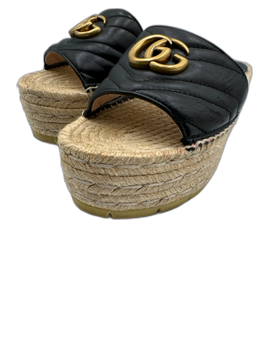 Gucci Shoe Size 37.5 Black & Beige Leather Upper Chevron Quilting Espadrille Black & Beige / 37.5