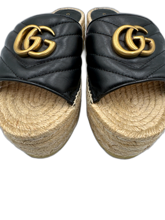 Gucci Shoe Size 37.5 Black & Beige Leather Upper Chevron Quilting Espadrille Black & Beige / 37.5